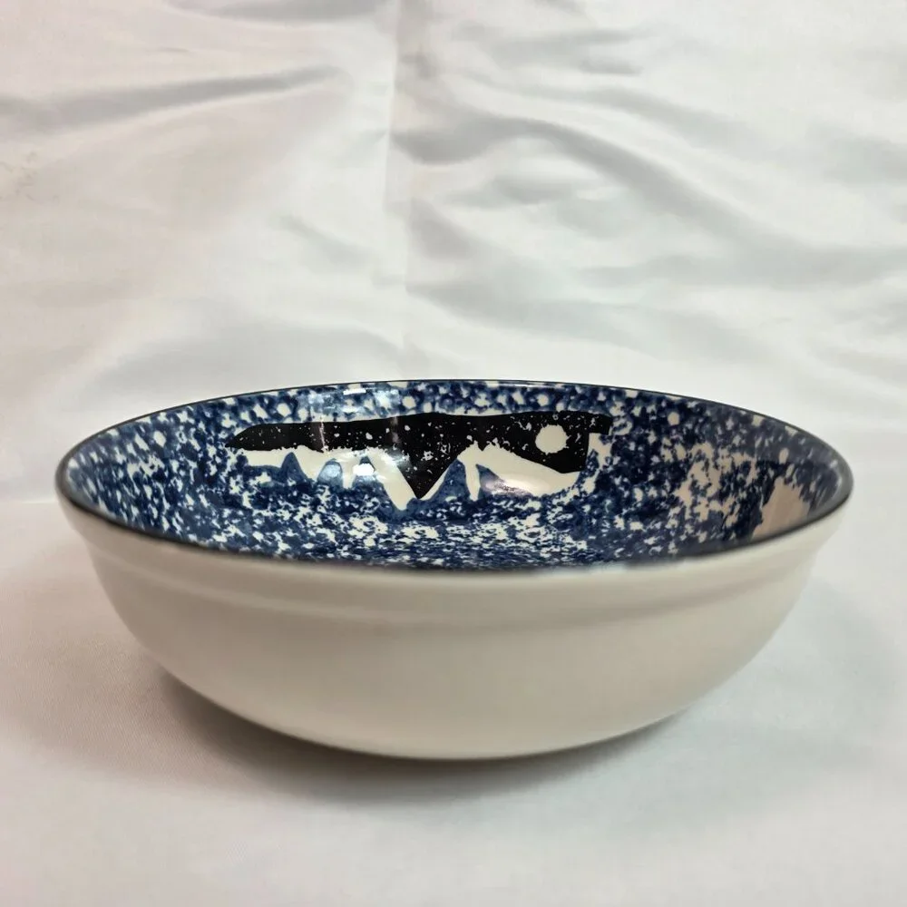 TWO Tienshan Folk Craft Wolf Coupe Cereal Bowls Blue Wolf & Sponge Rim